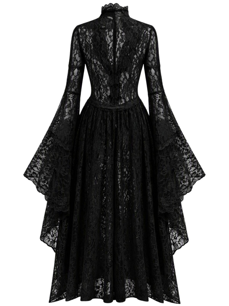 40er Spitzen-Mittelalterkleid mit Stehkragen und Trompetenärmeln