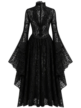40er Spitzen-Mittelalterkleid mit Stehkragen und Trompetenärmeln