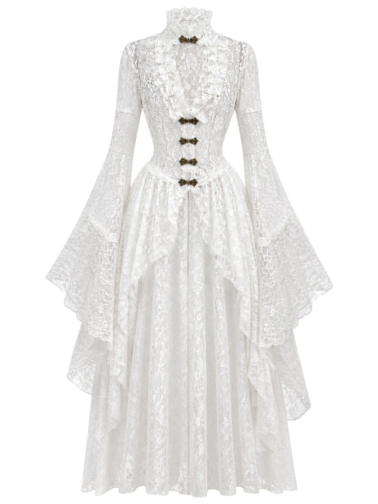 40er Spitzen-Mittelalterkleid mit Stehkragen und Trompetenärmeln