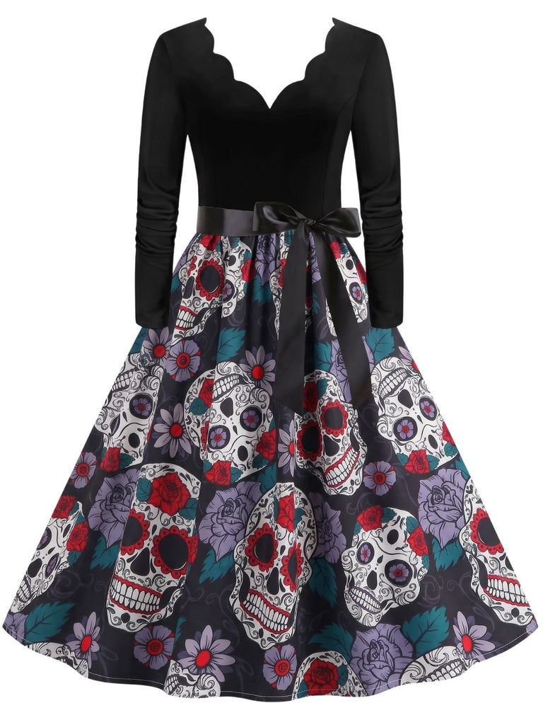 40er Halloween Kleid mit Totenkopf- und Rosenprint