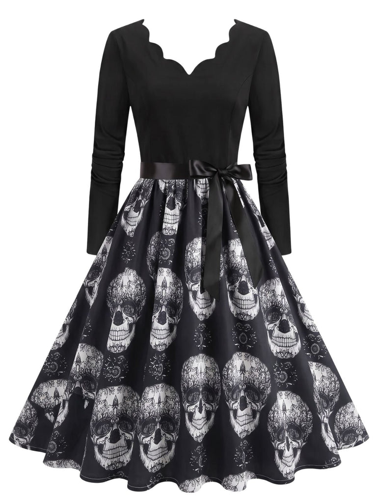 40er Halloween Kleid mit Totenkopf- und Rosenprint