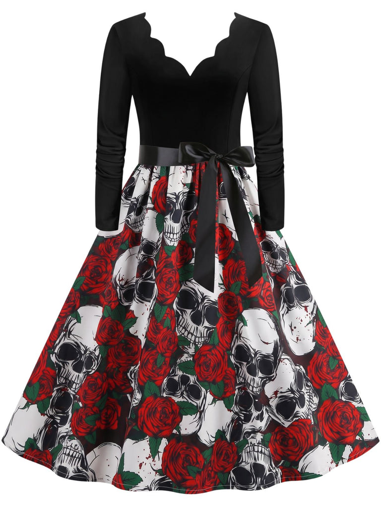 40er Halloween Kleid mit Totenkopf- und Rosenprint