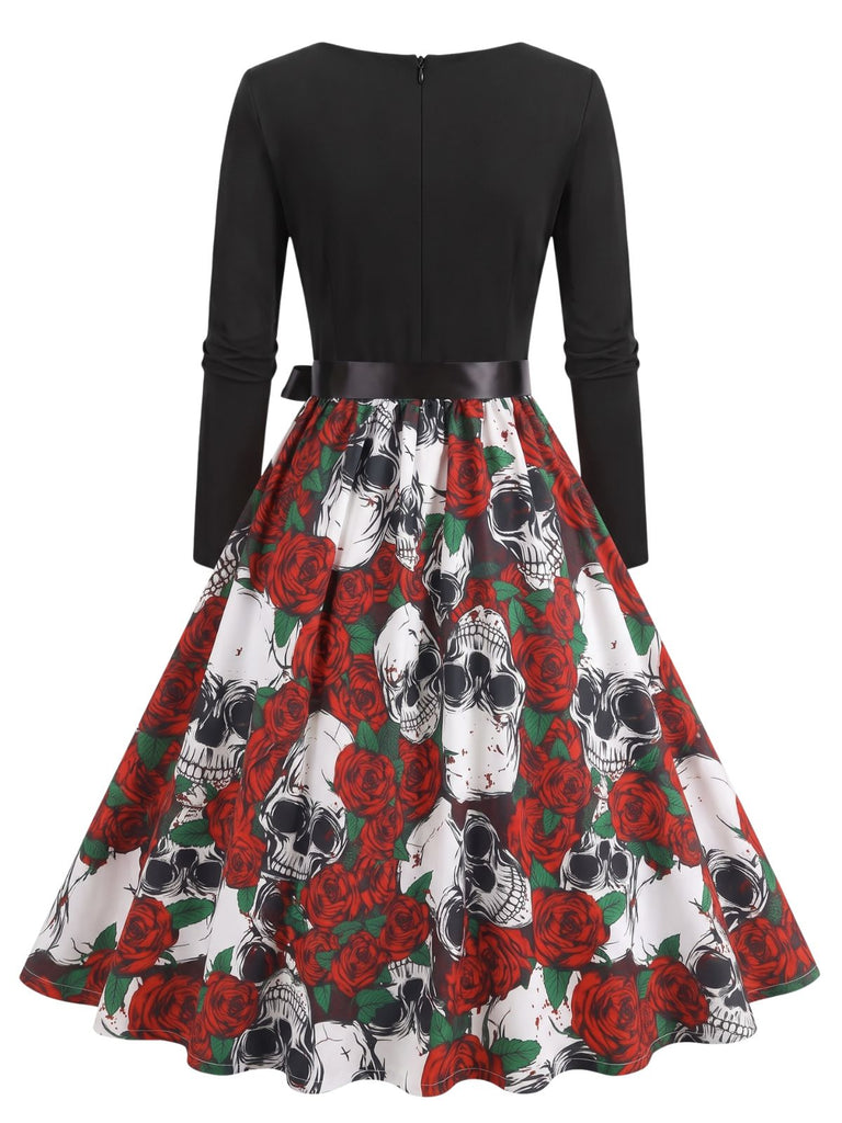 40er Halloween Kleid mit Totenkopf- und Rosenprint