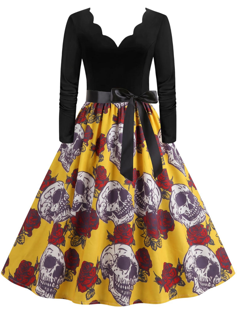 40er Halloween Kleid mit Totenkopf- und Rosenprint