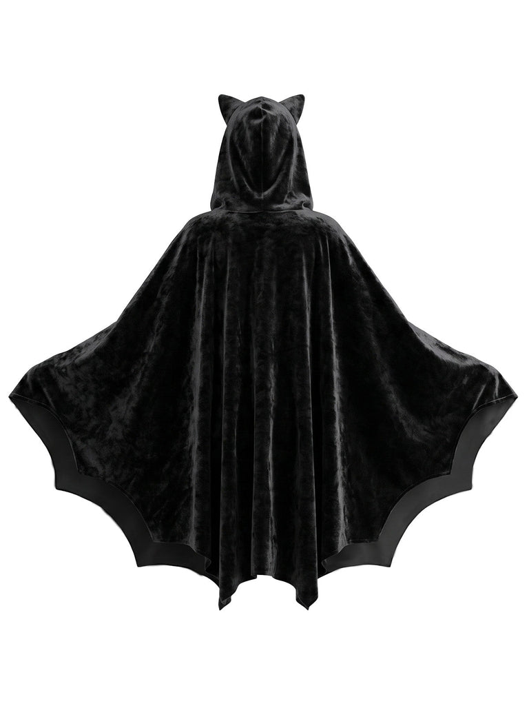 Schwarzes 80er Halloween-Kapuzencape mit Katzenohren