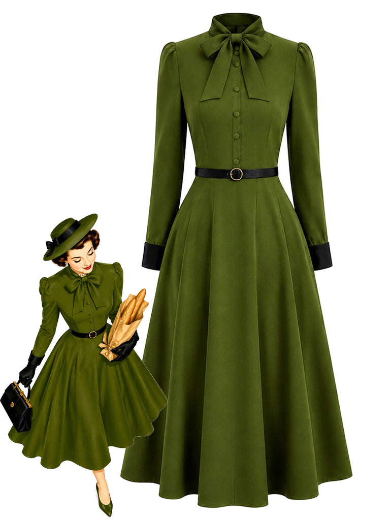 Grünes gegürtetes 40er Kleid mit Schluppe und Kontrastmanschetten