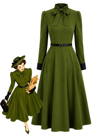 Grünes gegürtetes 40er Kleid mit Schluppe und Kontrastmanschetten