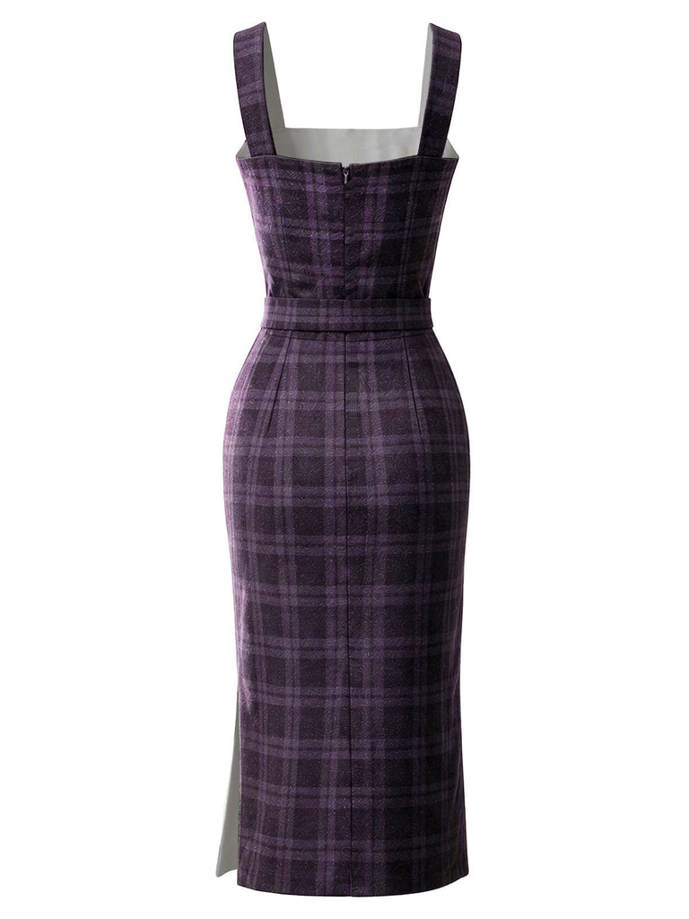 [Vorverkauf] Dunkellila 60er Karo-Bleistiftkleid mit Karreeausschnitt und Gürtel