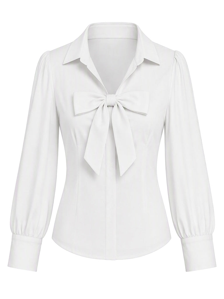 Weiße 40er Reversbluse mit Schleife und Ballonärmeln