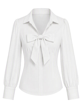 Weiße 40er Reversbluse mit Schleife und Ballonärmeln