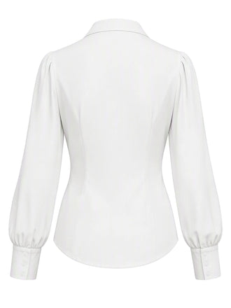 Weiße 40er Reversbluse mit Schleife und Ballonärmeln