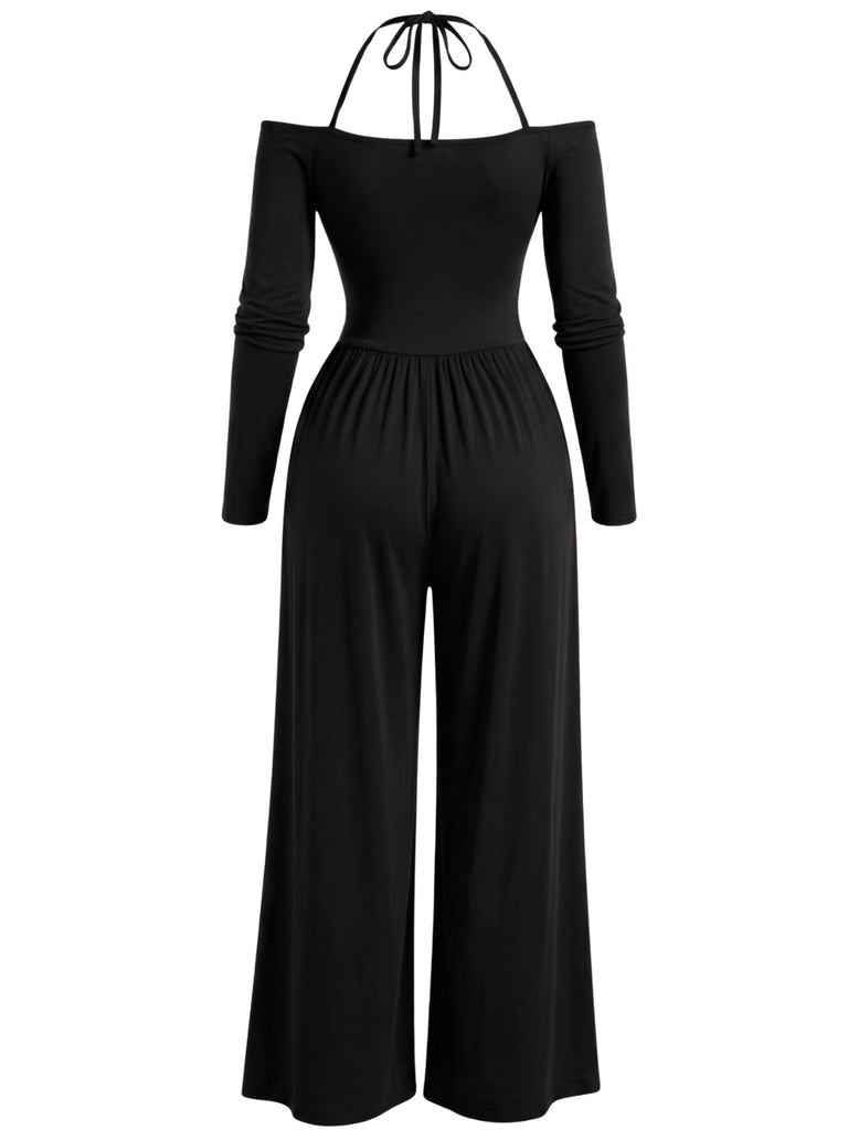 Weinroter 60er schulterfreier Jumpsuit mit Neckholder