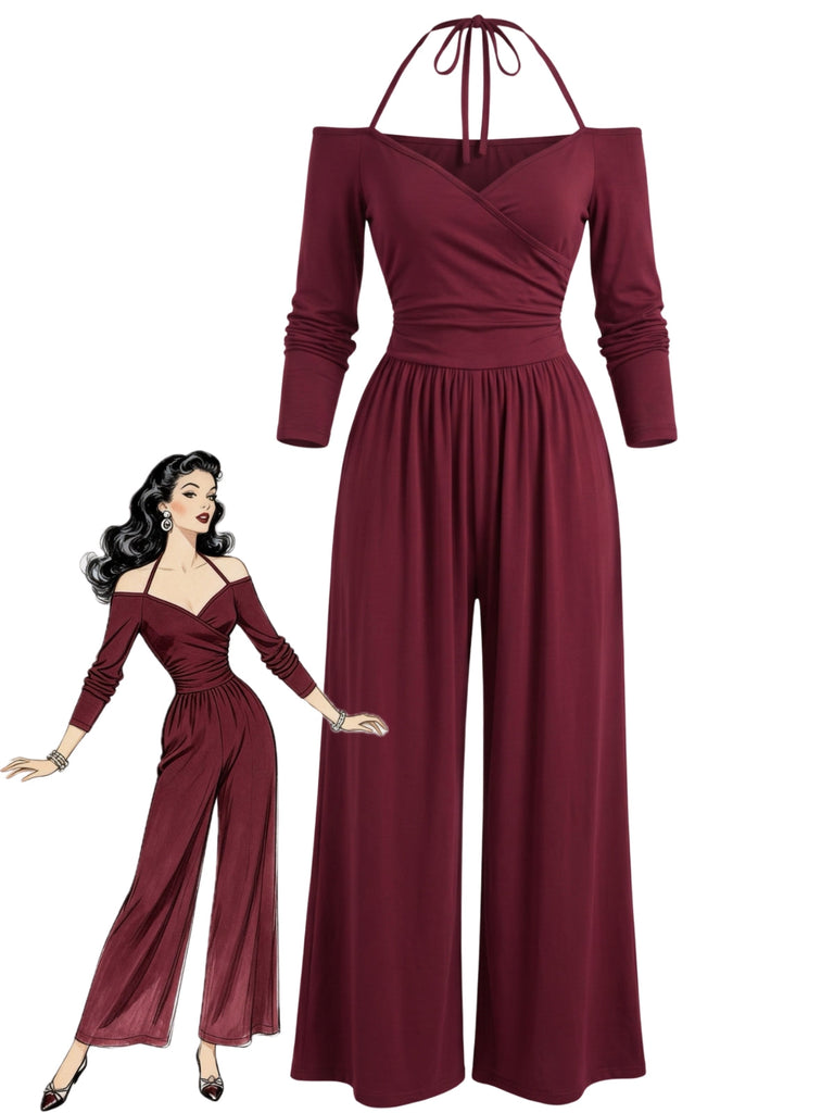 Weinroter 60er schulterfreier Jumpsuit mit Neckholder