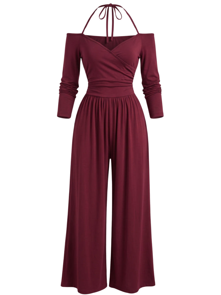 Weinroter 60er schulterfreier Jumpsuit mit Neckholder
