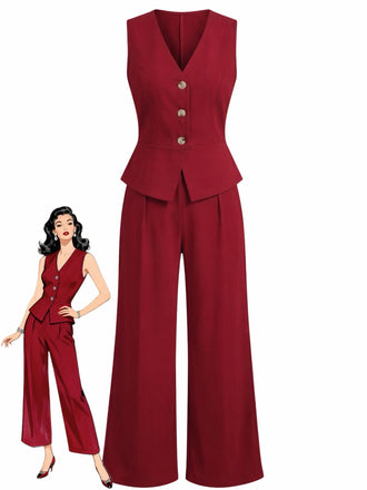 80er Set aus ärmelloser V-Ausschnitt-Weste und High-Waist-Hose