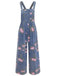 Blauer 40er Jeans-Latzoverall mit Blumen und weitem Bein