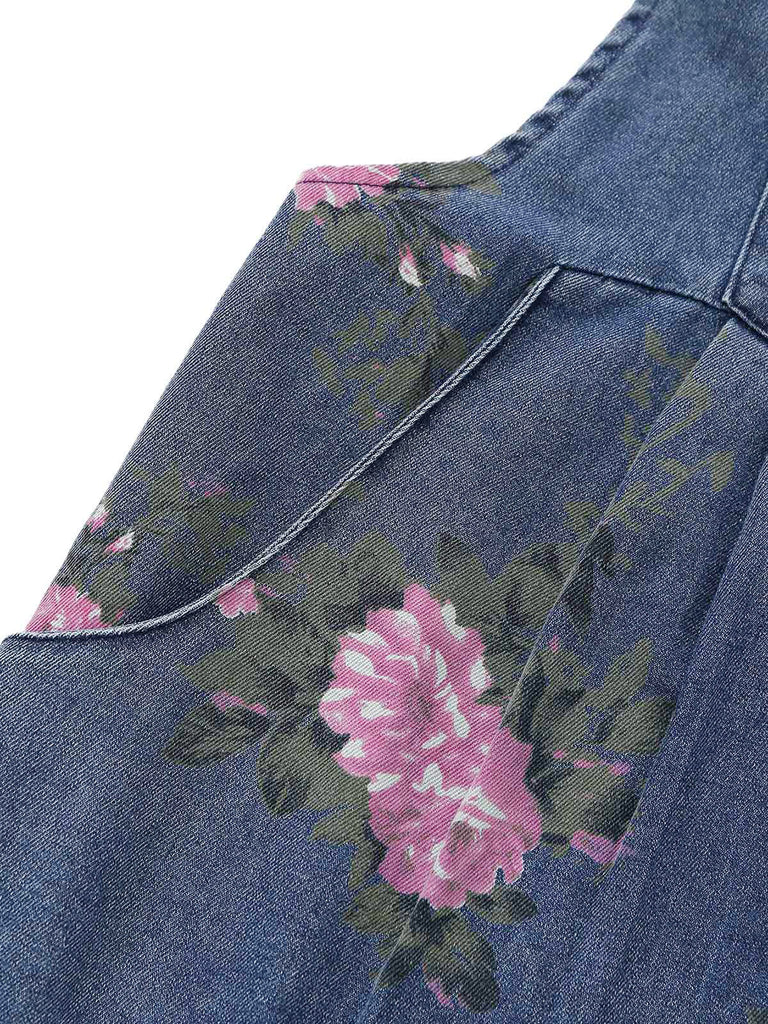 Blauer 40er Jeans-Latzoverall mit Blumen und weitem Bein