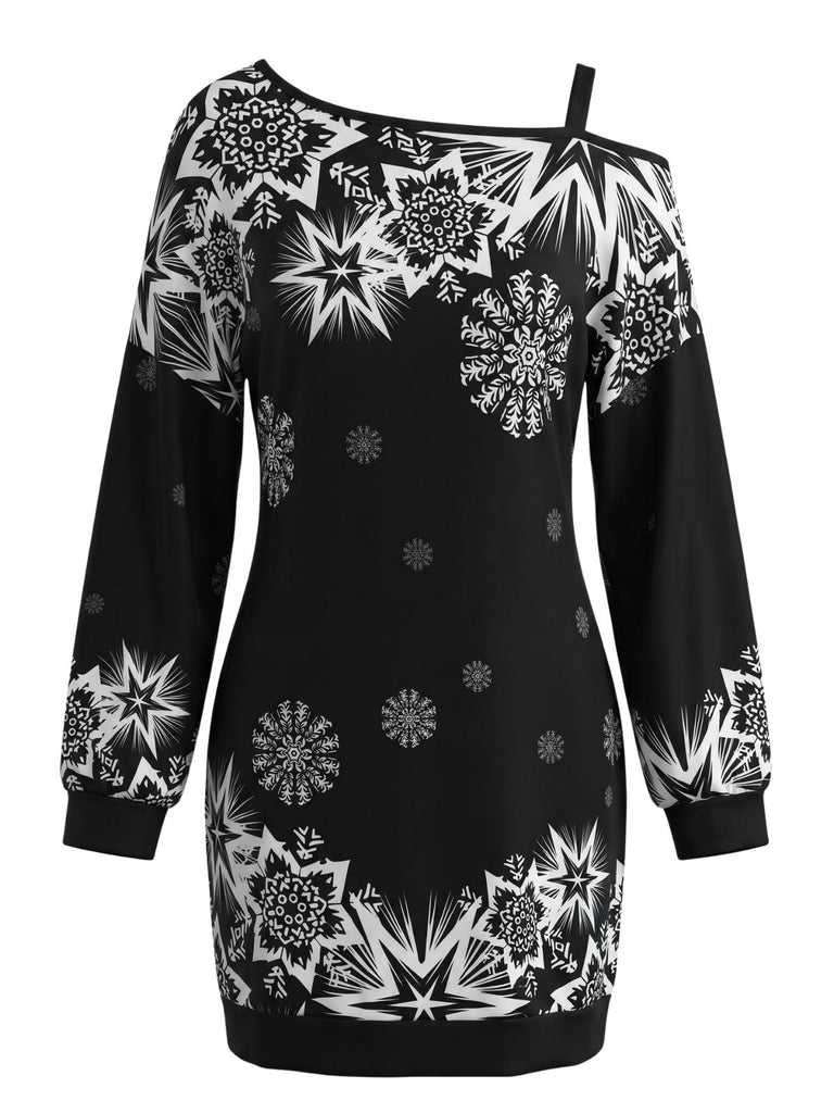 60er Weihnachts-Minikleid mit Schneeflockenprint und One-Shoulder