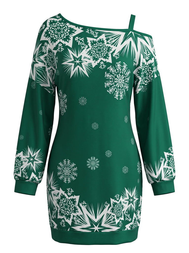 60er Weihnachts-Minikleid mit Schneeflockenprint und One-Shoulder