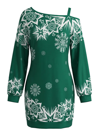 60er Weihnachts-Minikleid mit Schneeflockenprint und One-Shoulder