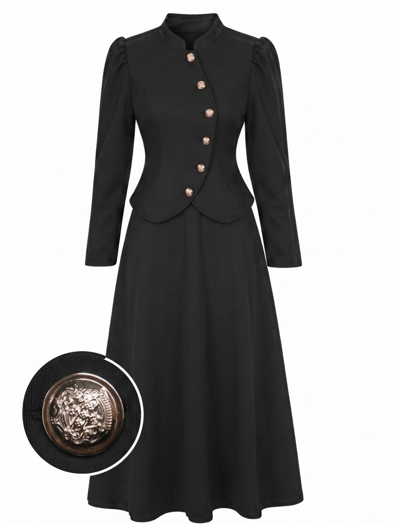 Schwarzes 40er Set aus Stehkragenblazer und Rock