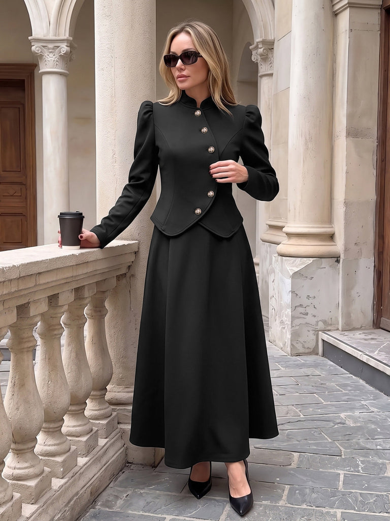 Schwarzes 40er Set aus Stehkragenblazer und Rock
