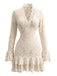 Cremefarbenes 70er Spitzen-Bodycon-Kleid mit V-Ausschnitt und Volant