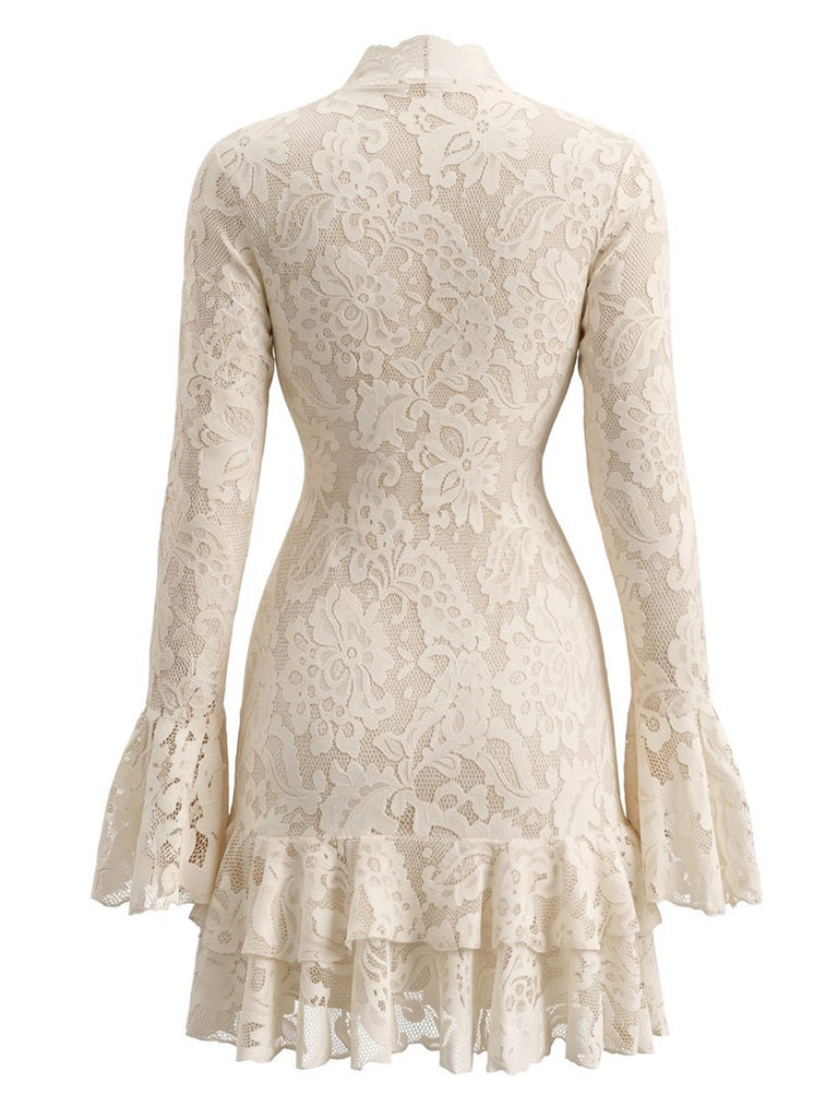 Cremefarbenes 70er Spitzen-Bodycon-Kleid mit V-Ausschnitt und Volant