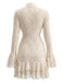 Cremefarbenes 70er Spitzen-Bodycon-Kleid mit V-Ausschnitt und Volant