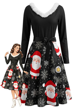 Schwarzes 50er Weihnachtskleid mit Santa-Print und Kunstfellbesatz
