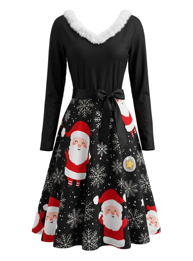 Schwarzes 50er Weihnachtskleid mit Santa-Print und Kunstfellbesatz
