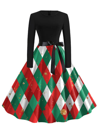 Grünes 50er Weihnachts-Swingkleid mit Argyle-Muster, Schleife und Gürtel