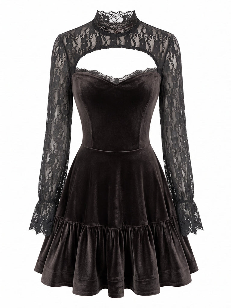 Braunes 70er Samt-Minikleid mit Spitzeneinsätzen und Volantsaum
