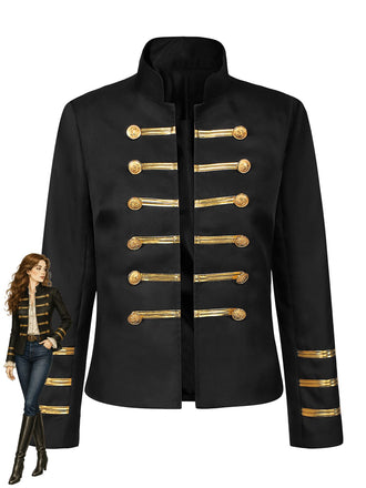 Schwarze 60er Militärjacke mit Stehkragen und Goldbesatz