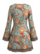 70er Kleid mit Sonnen- und Himmelsmotiven, V-Ausschnitt und Glockenärmeln
