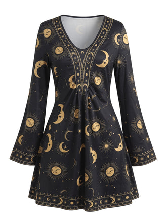 70er Kleid mit Sonnen- und Himmelsmotiven, V-Ausschnitt und Glockenärmeln
