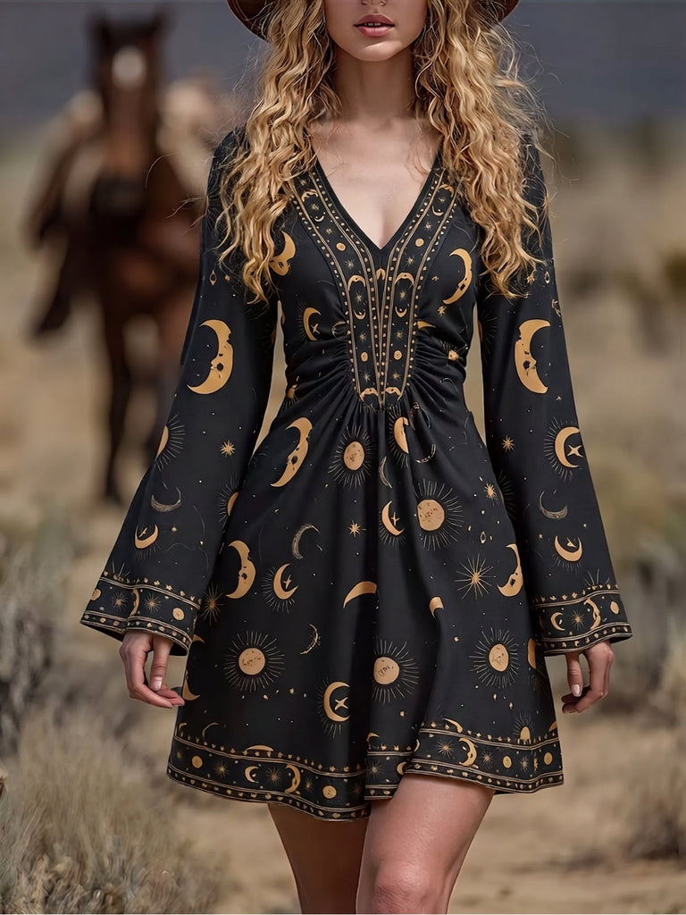 70er Kleid mit Sonnen- und Himmelsmotiven, V-Ausschnitt und Glockenärmeln