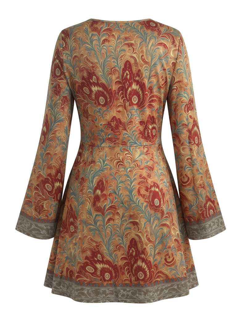 70er Kleid mit Sonnen- und Himmelsmotiven, V-Ausschnitt und Glockenärmeln