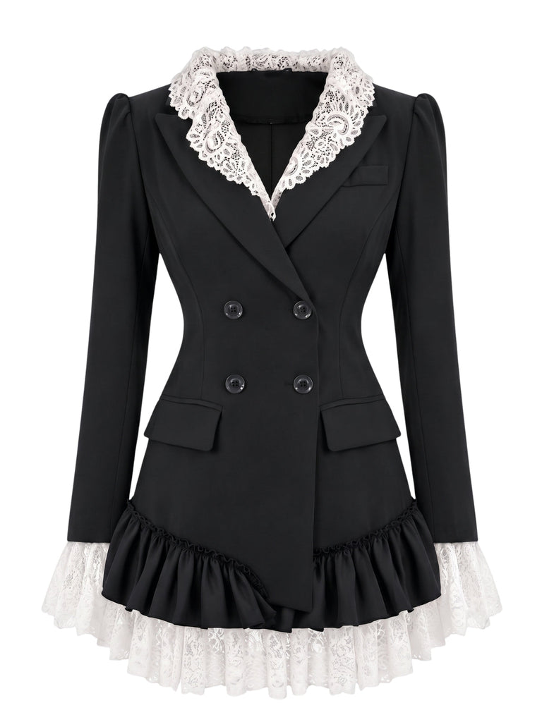 60er Blazerkleid mit Spitzenrevers und Volantsaum
