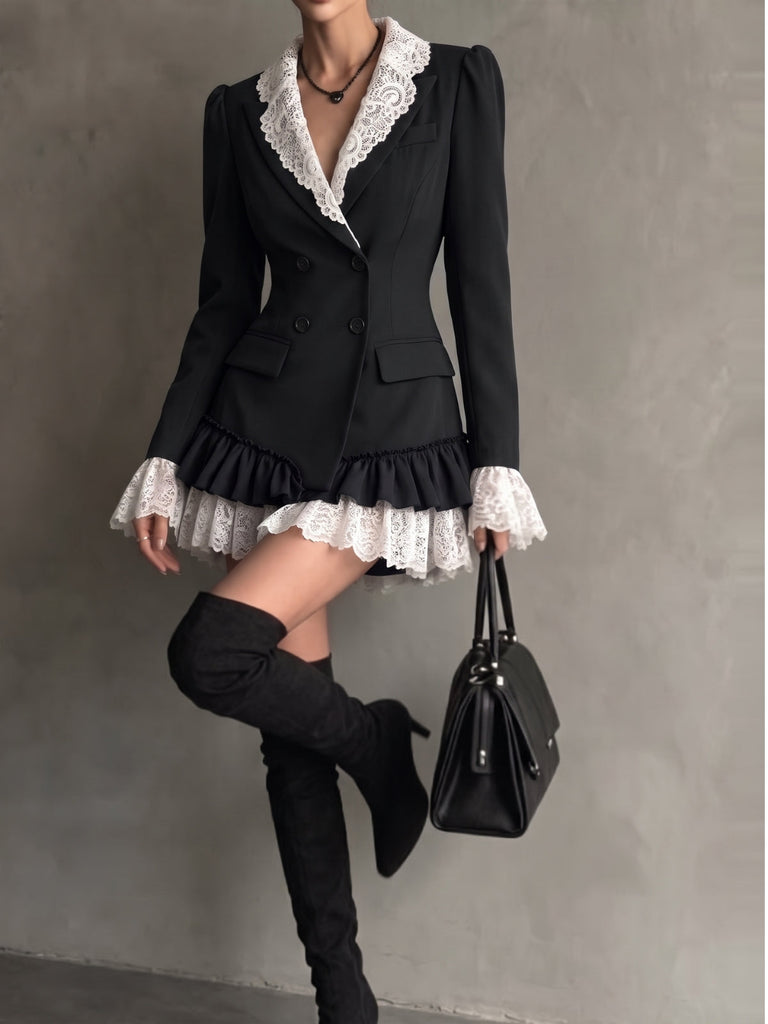 60er Blazerkleid mit Spitzenrevers und Volantsaum
