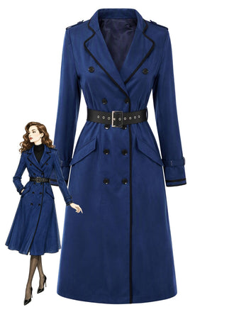 Dunkelblauer zweireihiger 50er Trenchcoat mit Gürtel und Kontrastdetails
