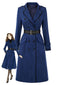 Dunkelblauer zweireihiger 50er Trenchcoat mit Gürtel und Kontrastdetails