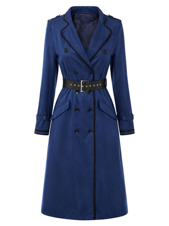Dunkelblauer zweireihiger 50er Trenchcoat mit Gürtel und Kontrastdetails