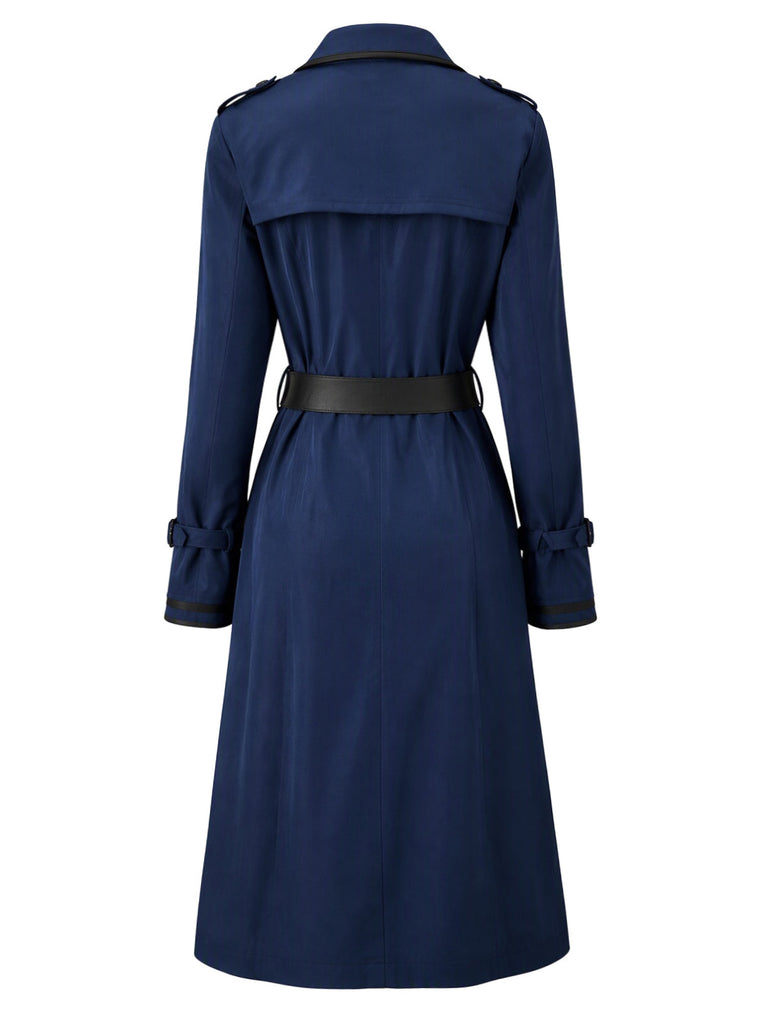 Dunkelblauer zweireihiger 50er Trenchcoat mit Gürtel und Kontrastdetails