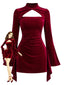 Weinrotes 60er Samt-Neckholderkleid mit Kragen-Cut-out und Raffung