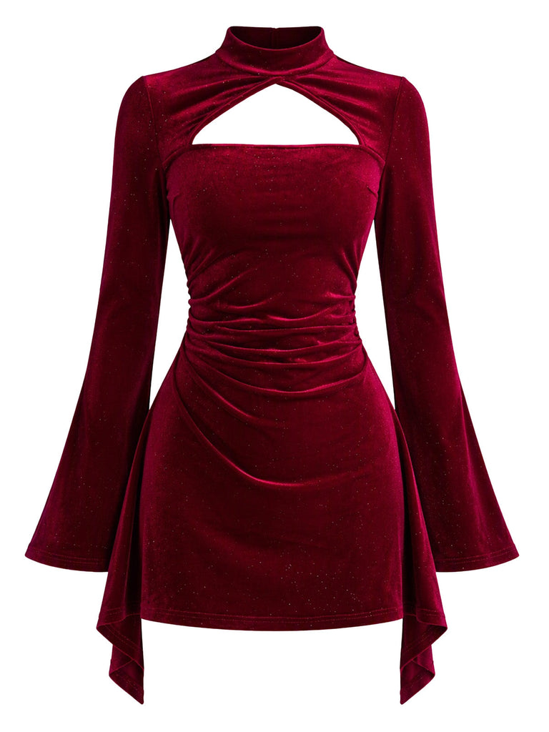 Weinrotes 60er Samt-Neckholderkleid mit Kragen-Cut-out und Raffung