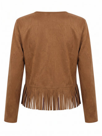 Braune 70er Westernjacke aus Wildlederimitat mit Nieten und Fransen