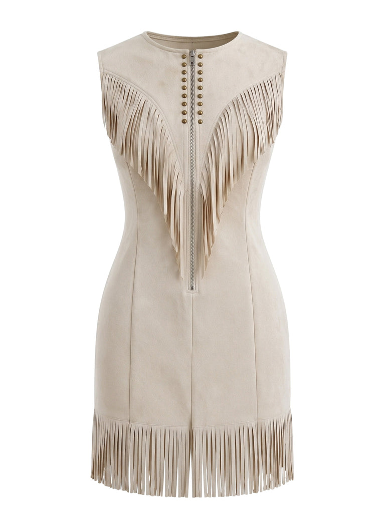 70er Westernkleid aus Wildlederimitat mit Reißverschluss, Nieten und Fransen
