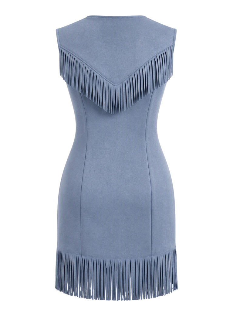 70er Westernkleid aus Wildlederimitat mit Reißverschluss, Nieten und Fransen