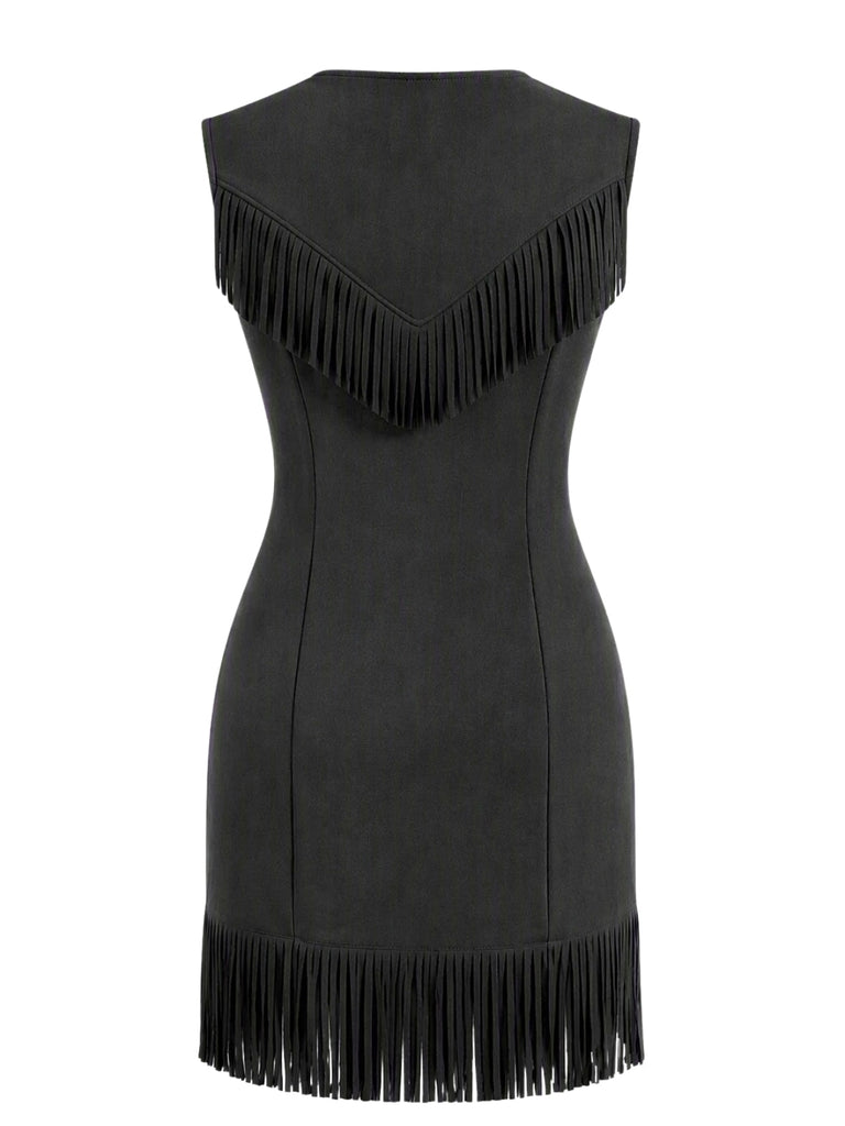 70er Westernkleid aus Wildlederimitat mit Reißverschluss, Nieten und Fransen